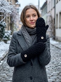 Hand-Knit Black Wool Mittens with Wooden Buttons - Convertible Fingerless Gloves