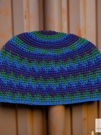Blue Zig Zag Kufi Skull Cap - Crocheted Beanie Hat, Ethically sourced