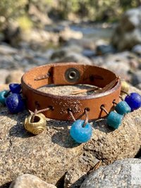 Handcrafted Boho Leather Cuff with Brass and Glass Beads - Hippie Fashion, Bohemian Jewelry
