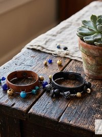 Handcrafted Boho Leather Cuff with Brass and Glass Beads - Hippie Fashion, Bohemian Jewelry