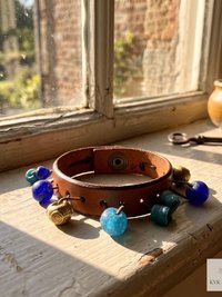 Handcrafted Boho Leather Cuff with Brass and Glass Beads - Hippie Fashion, Bohemian Jewelry