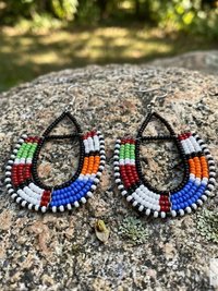 Maasai Beaded Dangle Earrings, Colorful Geometric African Drops, Stainless Steel Hook Jewelry