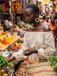 A woman in an off-shoulder dress and colorful beaded earrings featuring circular designs in black, yellow, orange, green, and white shops for fresh herbs at a busy, colorful market filled with spices, vegetables, and other produce. She holds a woven basket. Other shoppers and vendors are visible in the background.