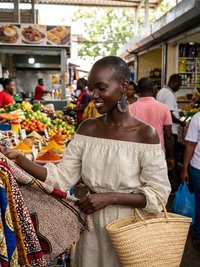 May include: A woman at a market examines colorful fabric. She wears an off-the-shoulder cream-colored top vibrant beaded hoop earrings and carries a woven basket. The market stall displays spices and produce, creating a vibrant scene.