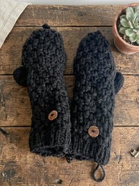 Hand-Knit Black Wool Mittens with Wooden Buttons - Convertible Fingerless Gloves