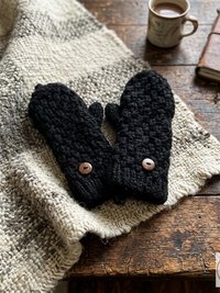 Hand-Knit Black Wool Mittens with Wooden Buttons - Convertible Fingerless Gloves