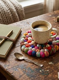 Colorful Wool Felt Ball Trivet, Boho Kitchen Hot Pad, Handwoven Table Pot Holder