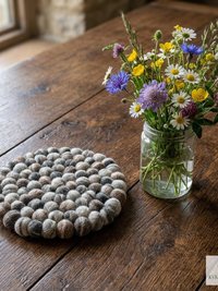 Mixed Gray Wool Felt Ball Trivet, Boho Kitchen Hot Pad, Coaster Table Pot Holder
