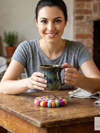 Colorful Wool Felt Ball Coaster Set, Handmade Drink Mug Rug, Eco Cup Mat