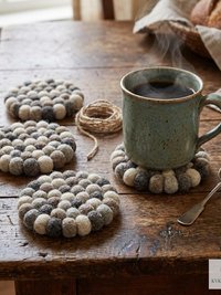 Mixed Gray Wool Felt Ball Coaster Set, Handmade Drink Mug Rug, Eco Cup Mat