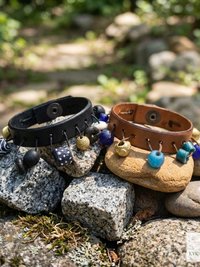 Handcrafted Boho Leather Cuff with Brass and Glass Beads - Hippie Fashion, Bohemian Jewelry