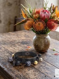 Handcrafted Boho Leather Cuff with Brass and Glass Beads - Hippie Fashion, Bohemian Jewelry