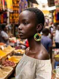 A woman with short hair and large, colorful beaded earrings stands in a vibrant outdoor market, surrounded by spices and fabrics. She wears an off-shoulder beige top.