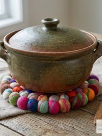 Colorful Wool Felt Ball Trivet, Boho Kitchen Hot Pad, Handwoven Table Pot Holder