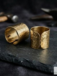 Artisan Hammered Wide Band Brass Ring – Handmade Open Cuff Statement Ring