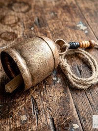 Handmade Etched Copper Bell Jute Cord Artisan Boho Wall Hanging