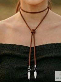 Brown Suede Lariat Feather Necklace - Adjustable Length Long Cord Jewelry