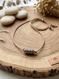 Boho Leather & Silver Bead Necklace - Adjustable Minimalist Style