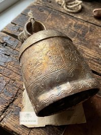 Handmade Etched Copper Bell Jute Cord Artisan Boho Wall Hanging