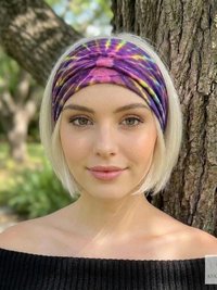 Purple Tie Dye Cotton Headband, Wide Boho Yoga Headwrap for Women, Bohemian Workout Hairband