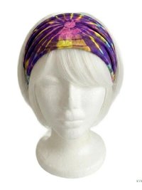 Purple Tie Dye Cotton Headband, Wide Boho Yoga Headwrap for Women, Bohemian Workout Hairband