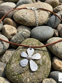 Silver Boho Flower Choker Necklace, Brown Suede Botanical Pendant