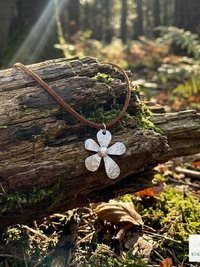 Silver Boho Flower Choker Necklace, Brown Suede Botanical Pendant