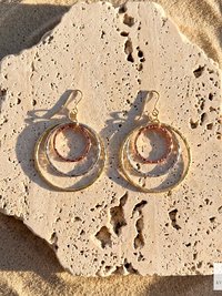 Mixed Metal Dangle Earrings - Hammered Tri Color Nested Hoops, Three Tone Circle Drops