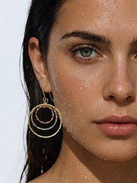 Mixed Metal Dangle Earrings - Hammered Tri Color Nested Hoops, Three Tone Circle Drops