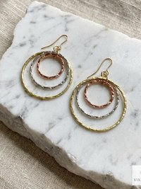 Mixed Metal Dangle Earrings - Hammered Tri Color Nested Hoops, Three Tone Circle Drops