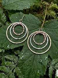 Mixed Metal Dangle Earrings - Hammered Tri Color Nested Hoops, Three Tone Circle Drops