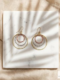 Mixed Metal Dangle Earrings - Hammered Tri Color Nested Hoops, Three Tone Circle Drops