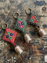 Boho Shisha Mirror Embroidery Bell Keychain - Artisan Indian Recycled Chime