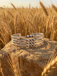 Hammered Silver Beaded Cuff Bracelet: Handcrafted Boho Jewelry