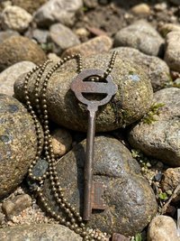 Antique Skeleton Key Necklace YARDLEY, Iron Trunk Pendant, Brass Ball Jewelry