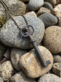 Antique Skeleton Key Necklace FLORA, Iron Trunk Pendant, Brass Ball Jewelry