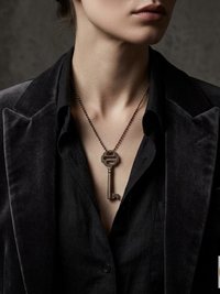 Antique Iron Skeleton Key Necklace OPHELIA, Two-Bladed Trunk Lock Pendant, Brass Ball