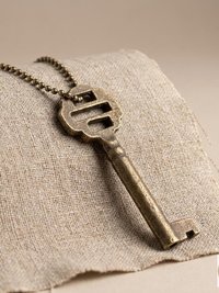 Antique Iron Skeleton Key Necklace OPHELIA, Two-Bladed Trunk Lock Pendant, Brass Ball