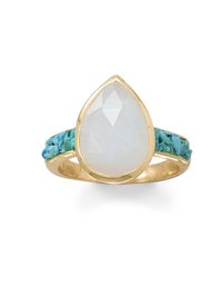 14 Karat Gold Plated Rainbow Moonstone and Crushed Turquoise Ring