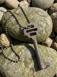 Antique Iron Skeleton Key Necklace OPHELIA, Two-Bladed Trunk Lock Pendant, Brass Ball