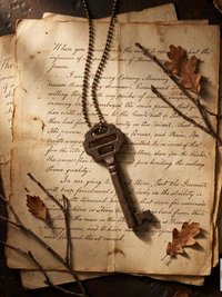 Antique Iron Skeleton Key Necklace OPHELIA, Two-Bladed Trunk Lock Pendant, Brass Ball