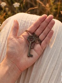 Antique Iron Skeleton Key Necklace OPHELIA, Two-Bladed Trunk Lock Pendant, Brass Ball