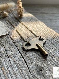 Vintage Clock Key Necklace PENELOPE, Repurposed Brass Winding Pendant, Steampunk