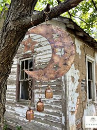 Crescent Moon and Stars with Hanging Bells Windchime - Artisan Metal Garden Decor Brass Bells