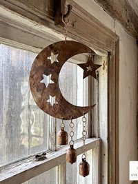 Crescent Moon and Stars with Hanging Bells Windchime - Artisan Metal Garden Decor Brass Bells