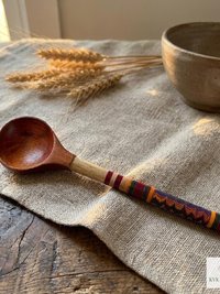 Hand-Turned Lacquerware Wood Spoon - Artisan Handcrafted Serving Scoop - Wooden Coffee Spoon, Colorful Boho Kitchen Decor Gift