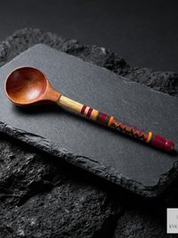 Hand-Turned Lacquerware Wood Spoon - Artisan Handcrafted Serving Scoop - Wooden Coffee Spoon, Colorful Boho Kitchen Decor Gift