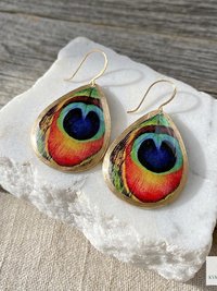 Peacock Feather Print Teardrop Earrings, Bohemian Gold Plated Dangles, Colorful Artisan Jewelry Drops