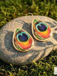 Peacock Feather Print Teardrop Earrings, Bohemian Gold Plated Dangles, Colorful Artisan Jewelry Drops