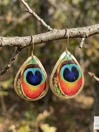 Peacock Feather Print Teardrop Earrings, Bohemian Gold Plated Dangles, Colorful Artisan Jewelry Drops